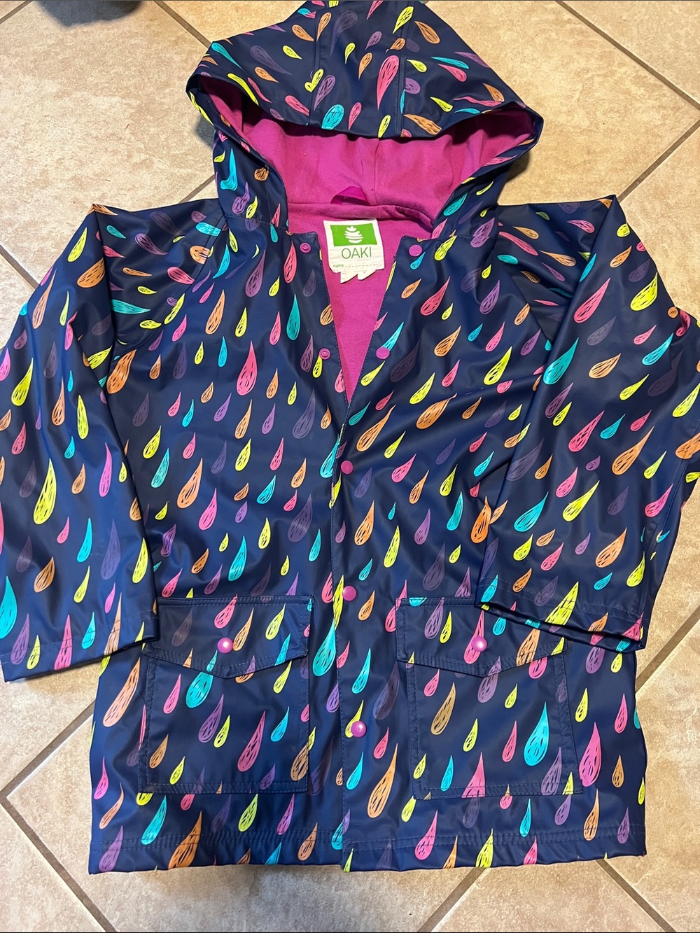 OAKI Navy Kids Raincoat with Multicolor Raindrop Print